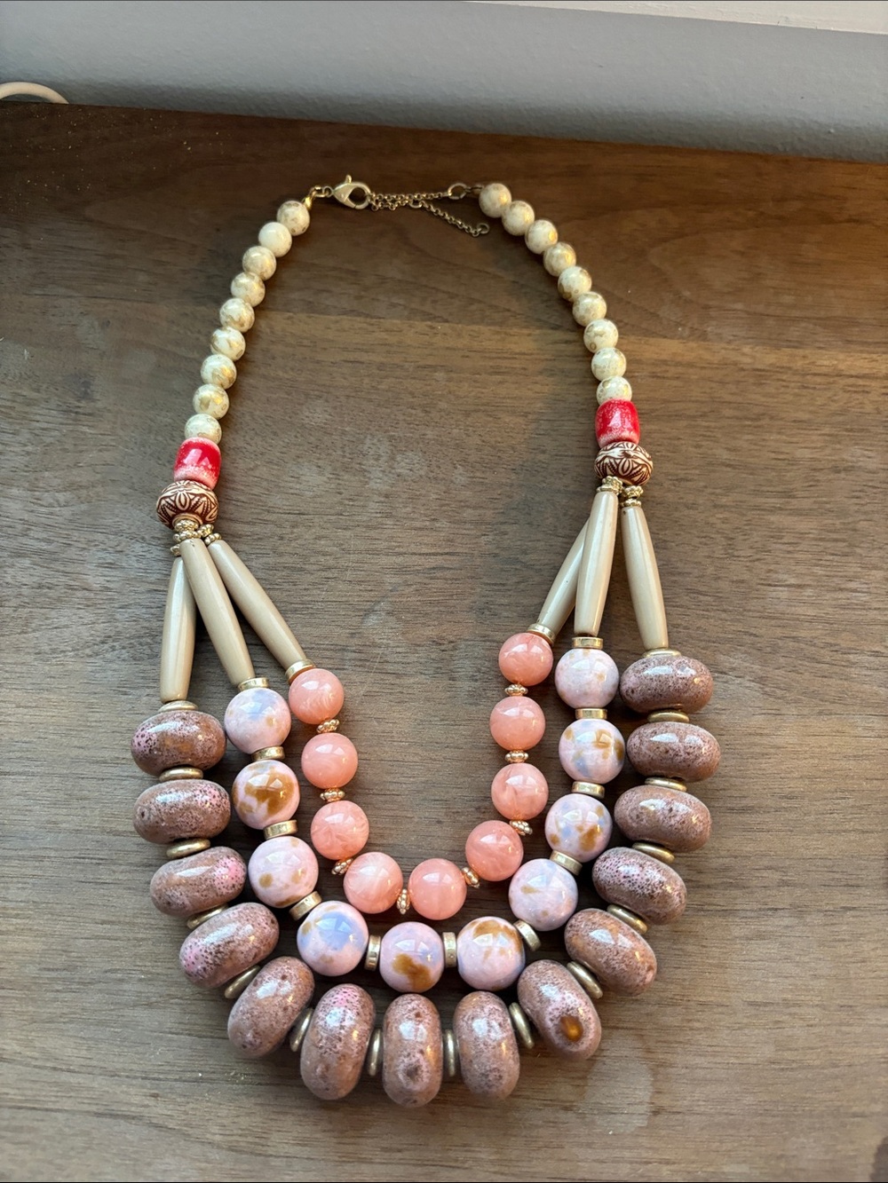 Multi-Tone Pink & Beige Beaded Statement Necklace